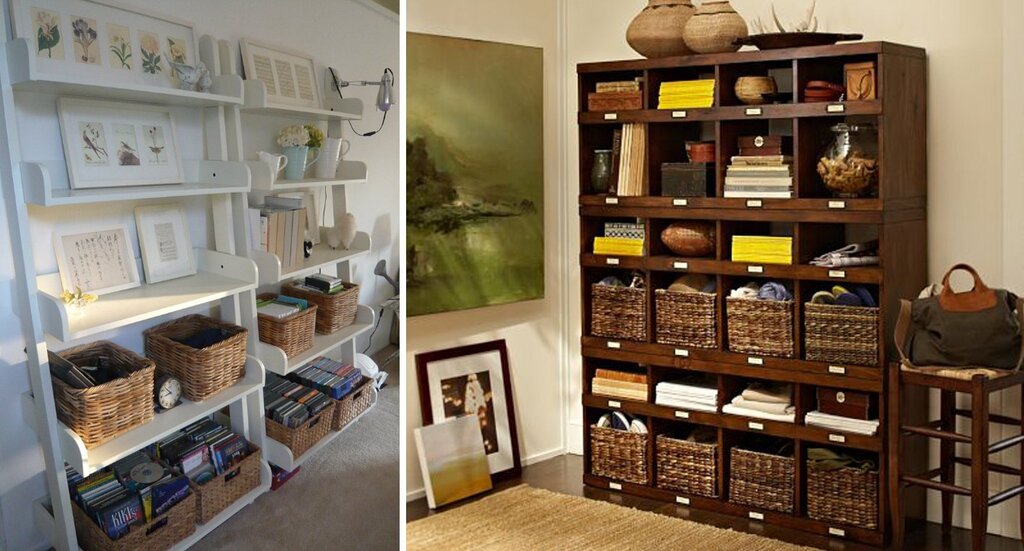 A shelving unit with boxes in the interior