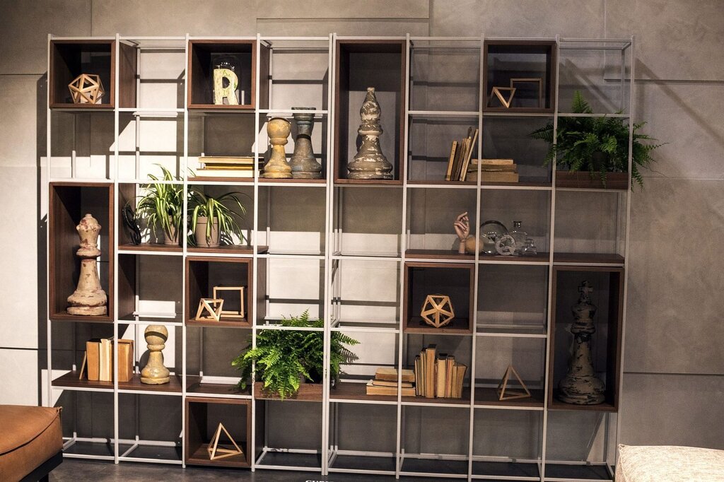 Iron shelving unit with wooden shelves