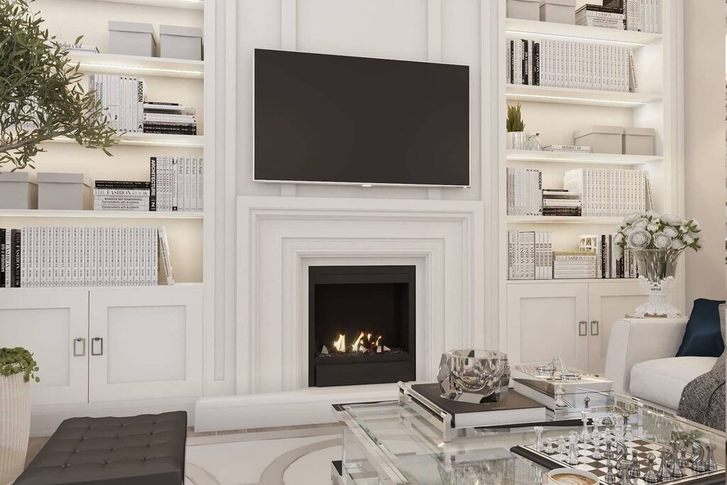 Wall with a fireplace and a TV