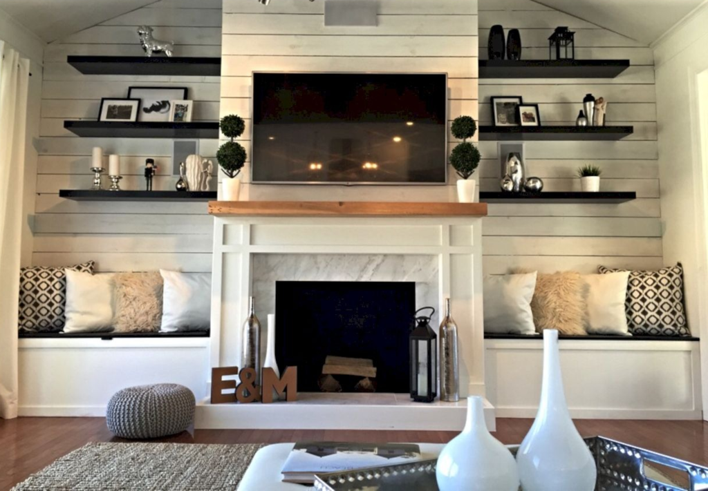 Wall unit with a built-in fireplace 47 фото