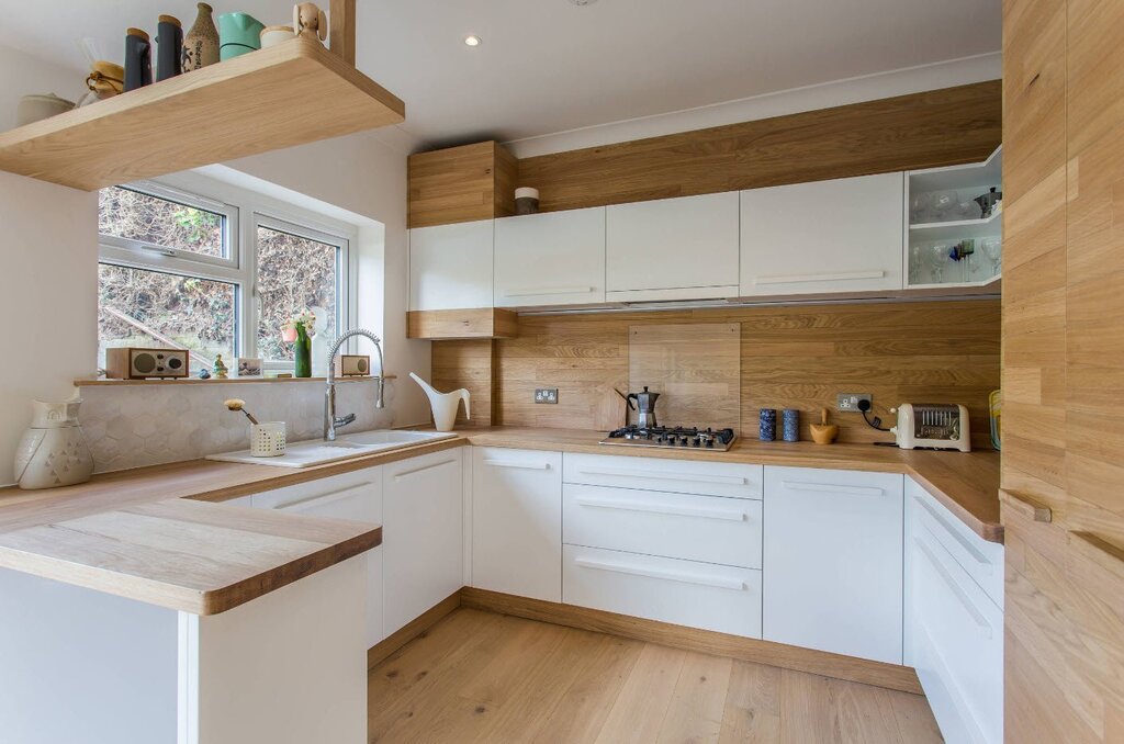 A wood-look countertop in the kitchen interior