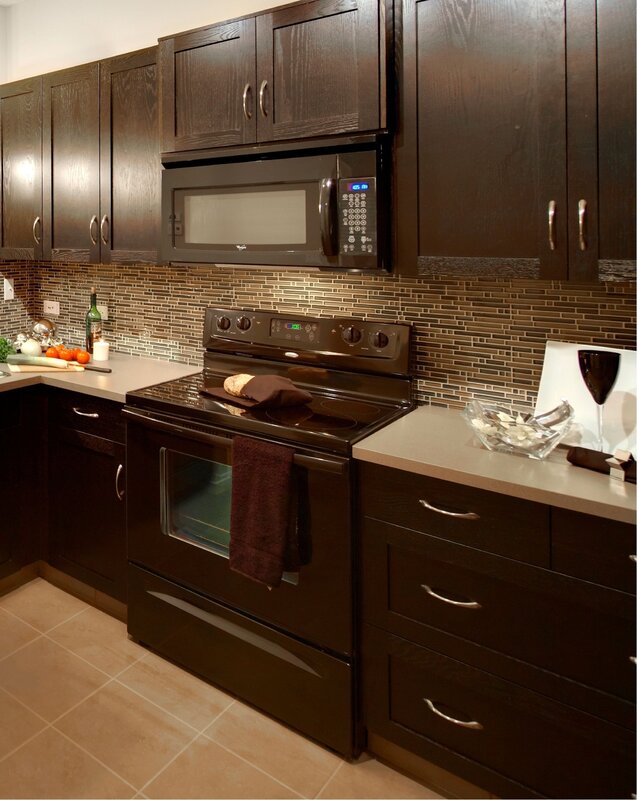 A countertop for a brown kitchen