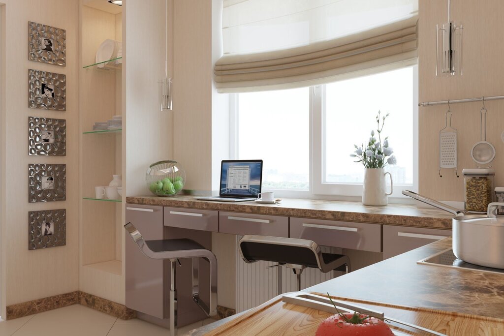 Countertop along the window in the kitchen