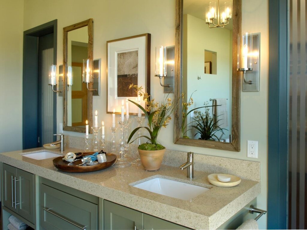 The light fixture above the sink in the bathroom