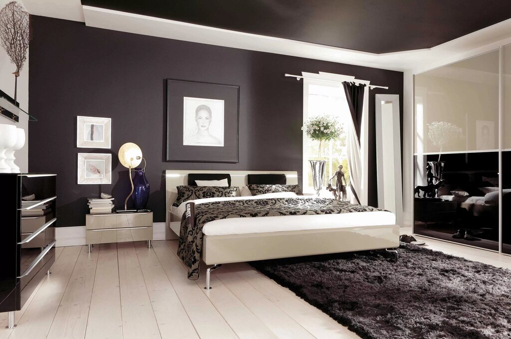 A bright room with dark furniture