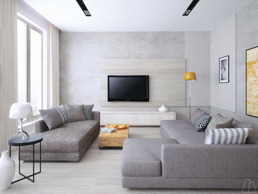 Light gray sofa in the living room interior 14 фото