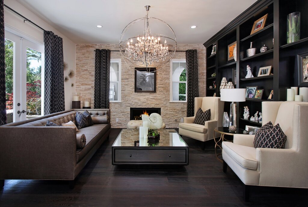 Dark furniture in a light living room interior