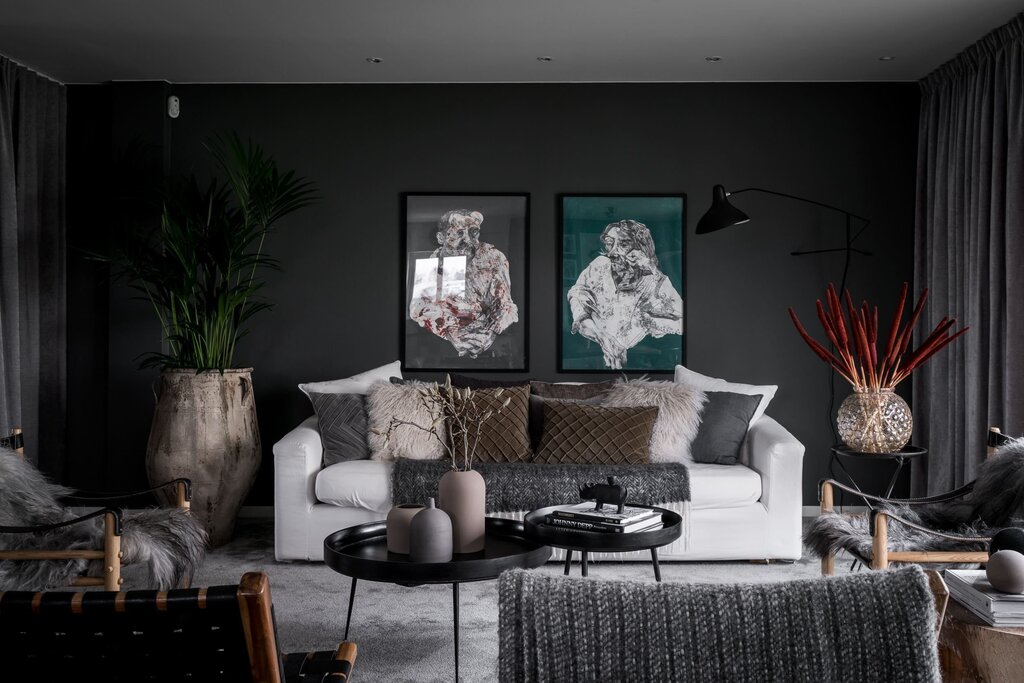 Dark walls in the living room interior