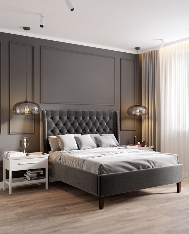 Dark gray bed in the interior