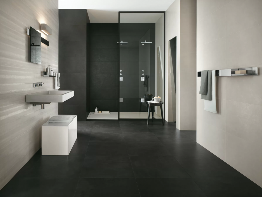 Dark gray tiles in the bathroom