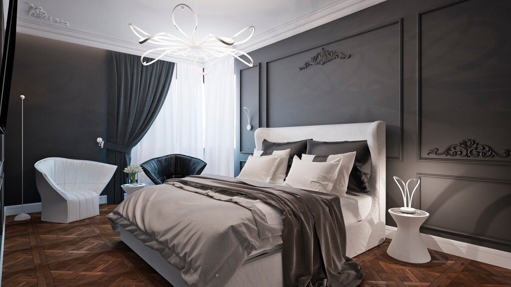 Dark gray wallpaper in the bedroom