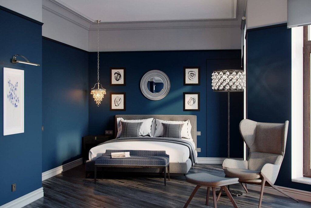 Dark blue wallpaper in the bedroom