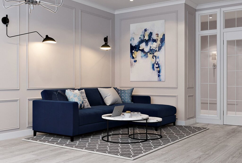 Dark blue sofa in the living room interior