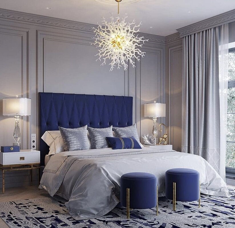 Dark blue bed in the interior