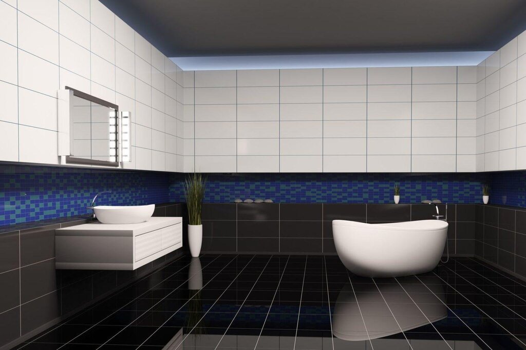 Dark blue tile in the bathroom