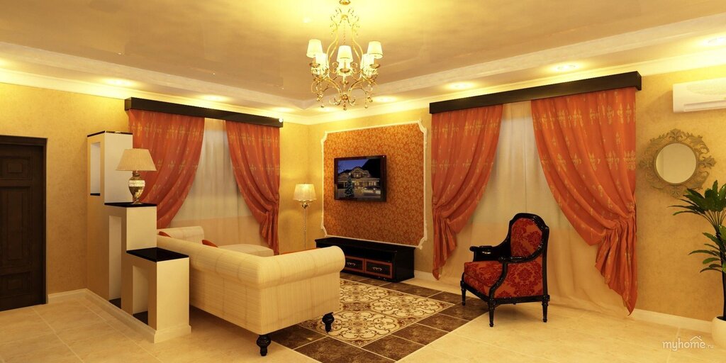 Terracotta curtains in the living room interior