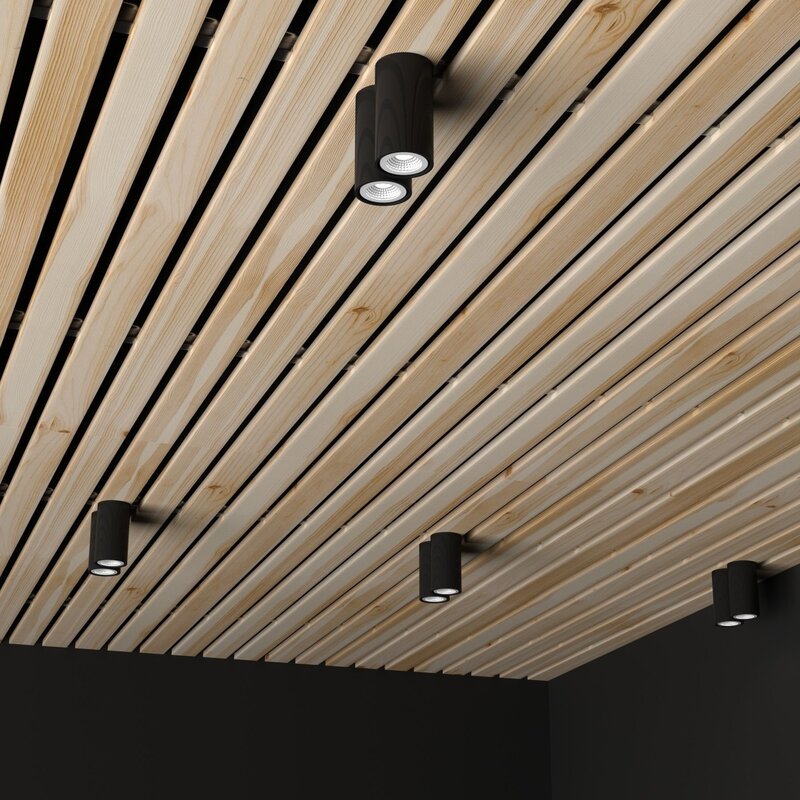 Recessed lights in a wooden ceiling