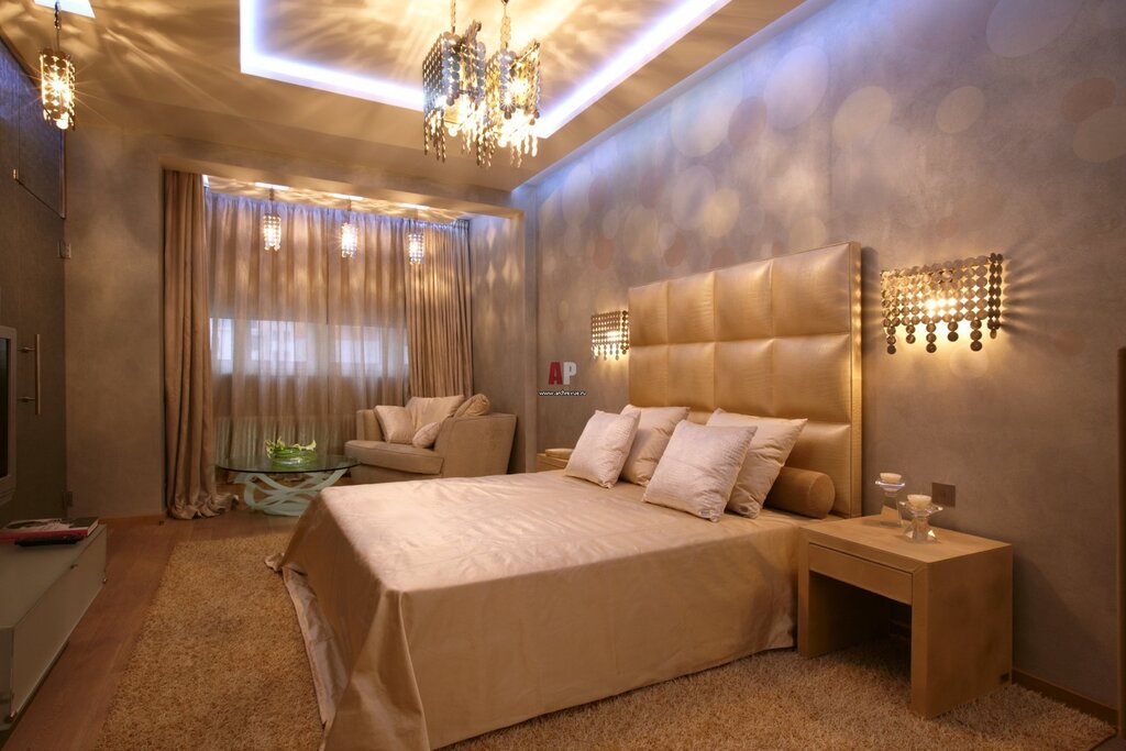 Recessed lights in the bedroom interior 27 фото