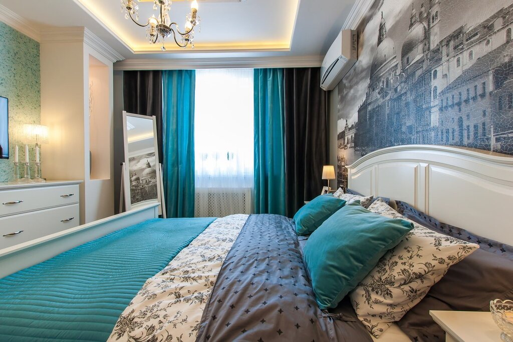 Sea wave color in the bedroom interior