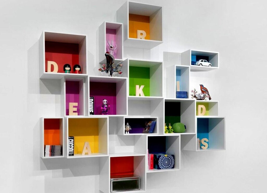 Colored shelves on the wall