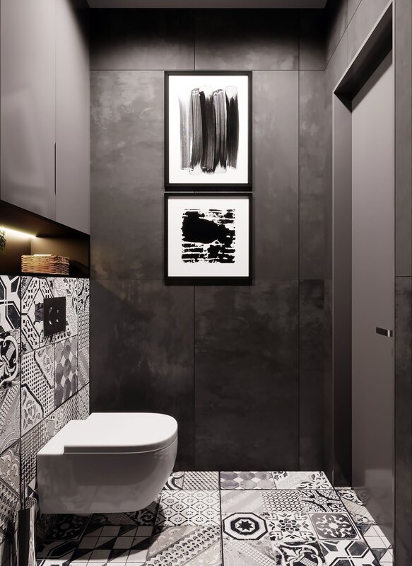 The bathroom is in black and white tones