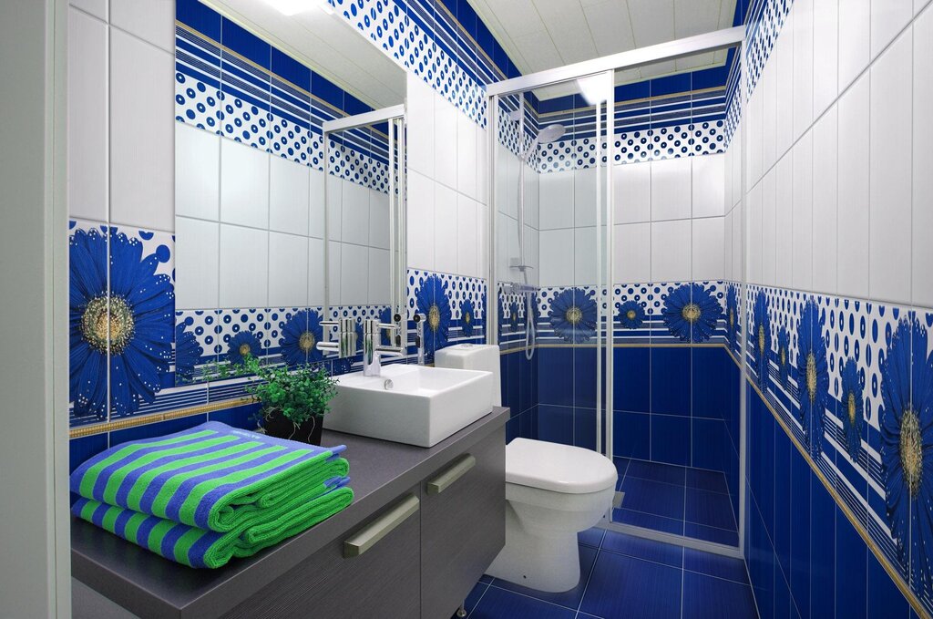 The bathroom is in blue