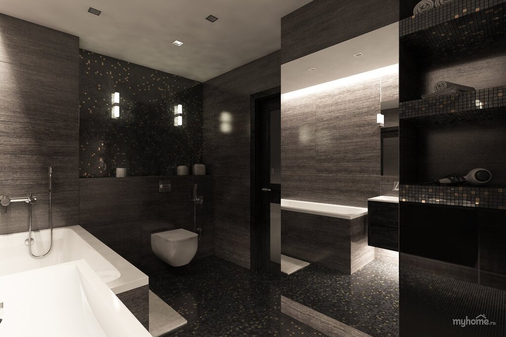 A bathroom in dark tones