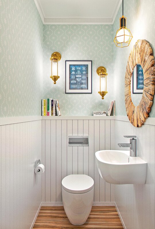 A toilet lined with clapboard in an apartment