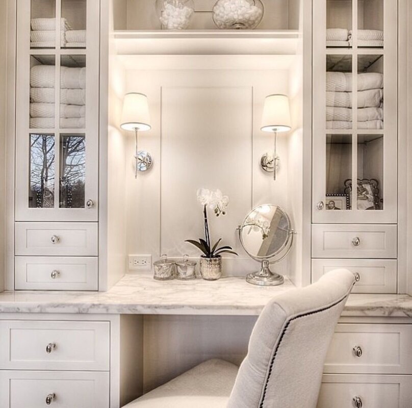 A dressing table between the wardrobes