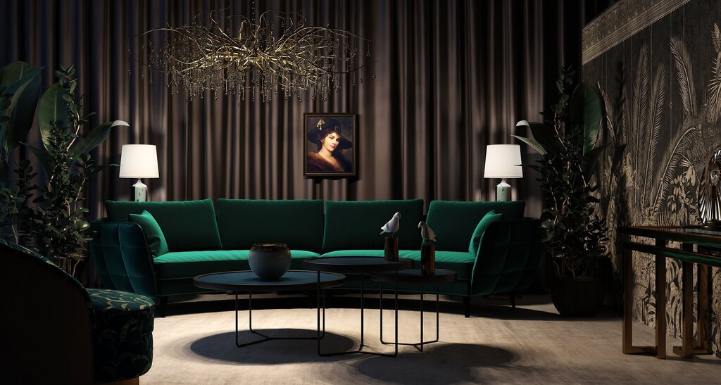 Dark green sofa in the interior