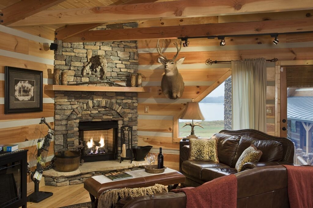 Corner fireplace in a wooden house