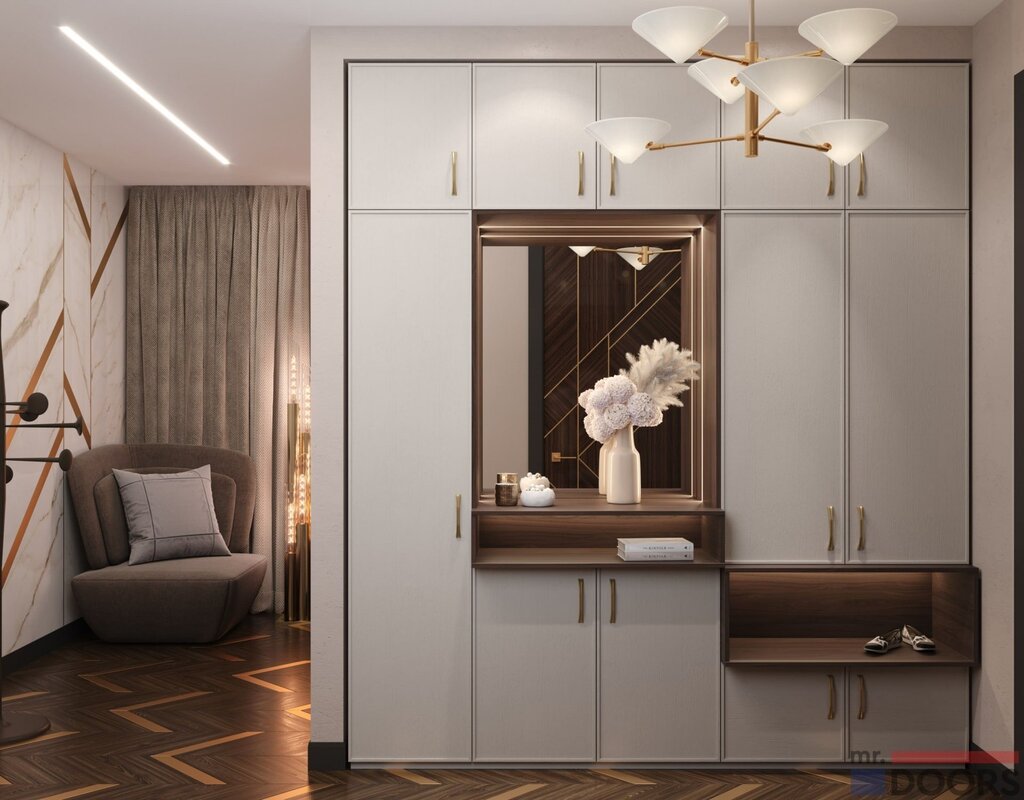 A narrow hallway wardrobe with a mirror