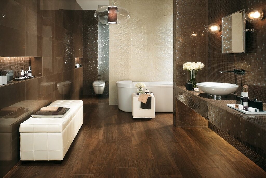 A bathroom with a brown floor