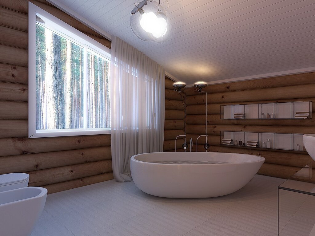 A bathtub in a wooden house