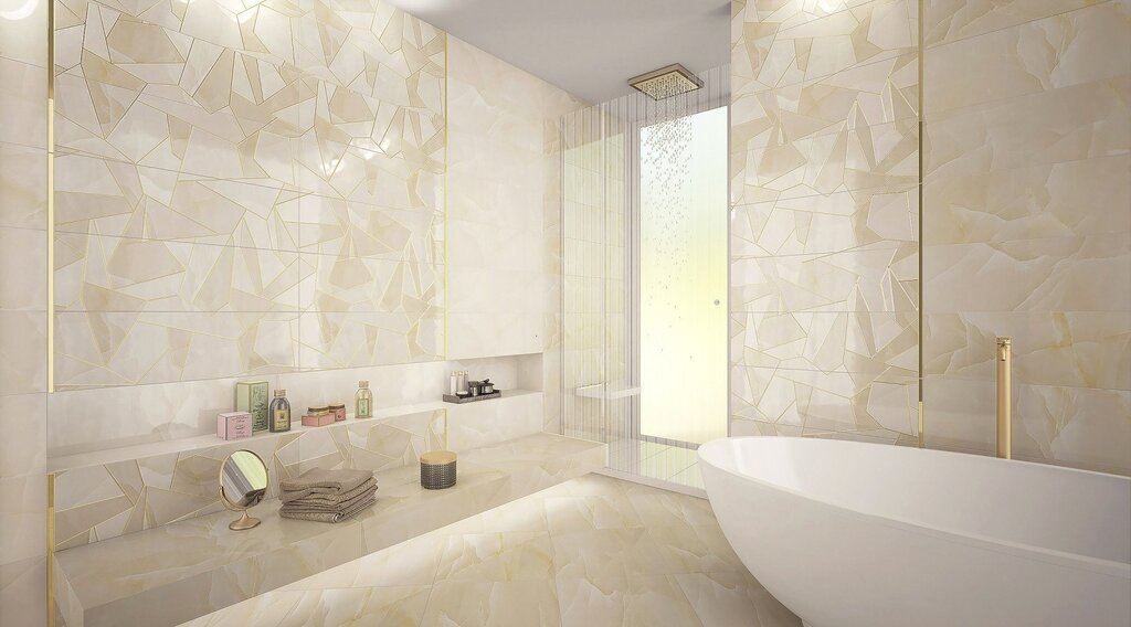 A bathroom made of porcelain stoneware imitating Onyx