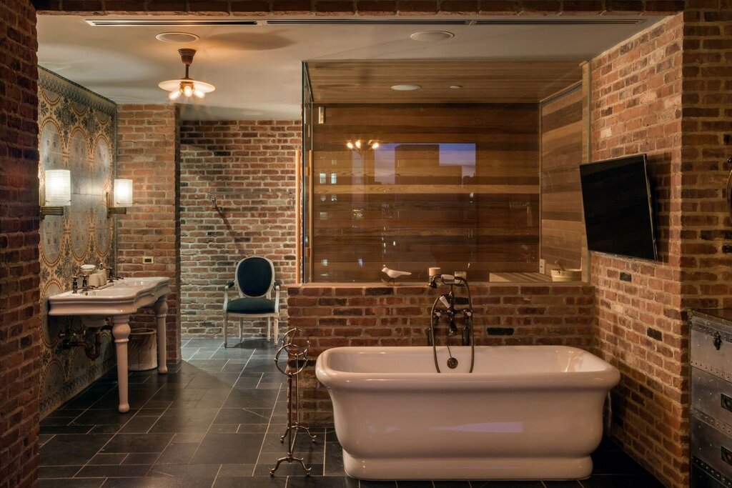 A bathroom made of brick and tile