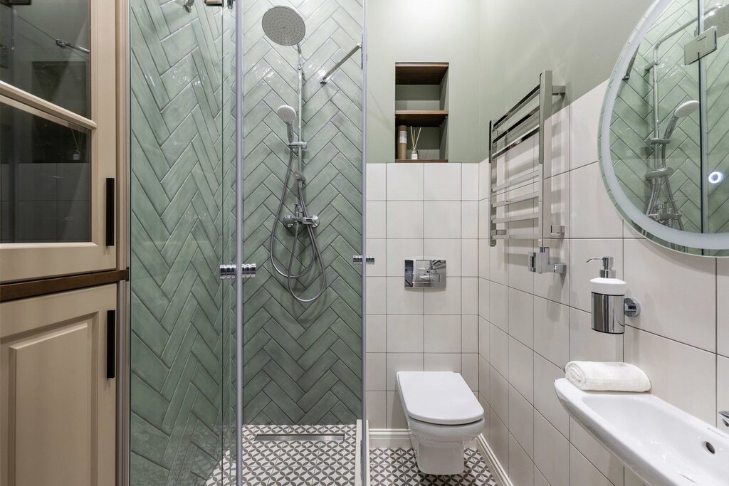 A bathroom without a bathtub with a shower