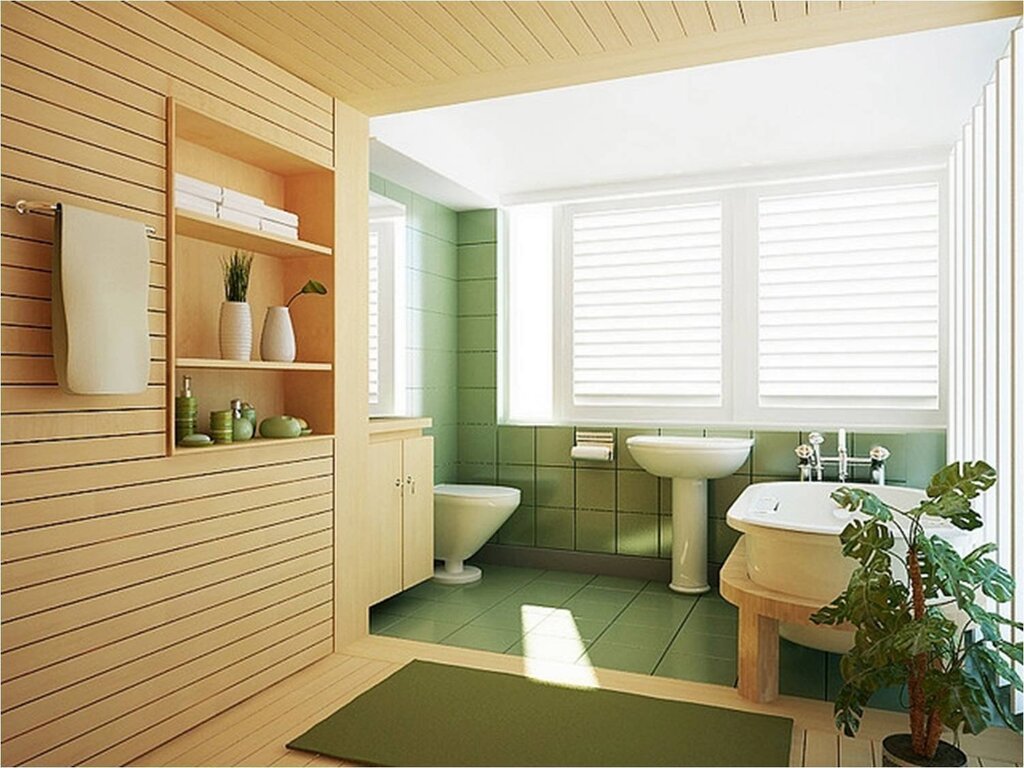 A bathroom paneled with clapboard