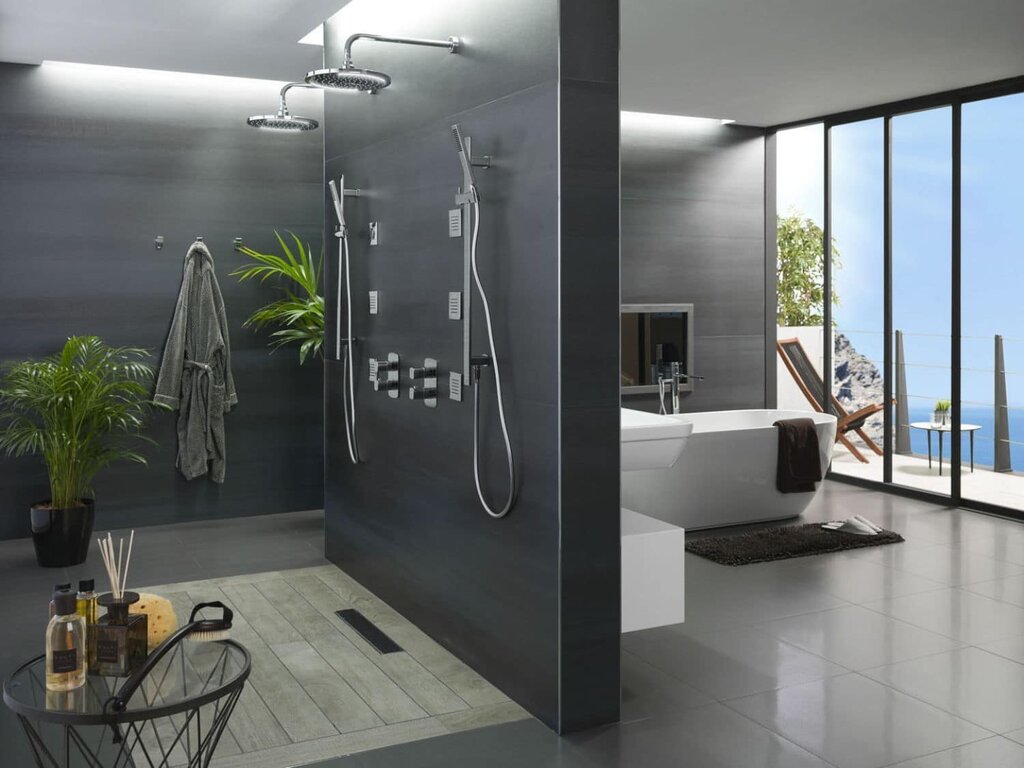 A bathroom with a walk-in shower