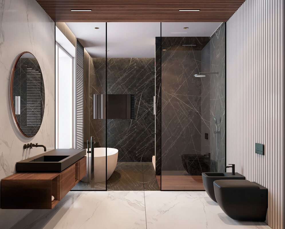 A bathroom with a shower and a bathtub