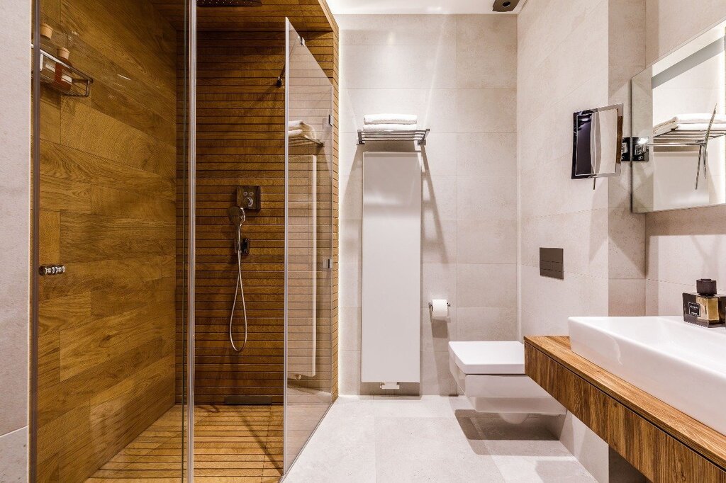 Bathroom with a wood-style shower