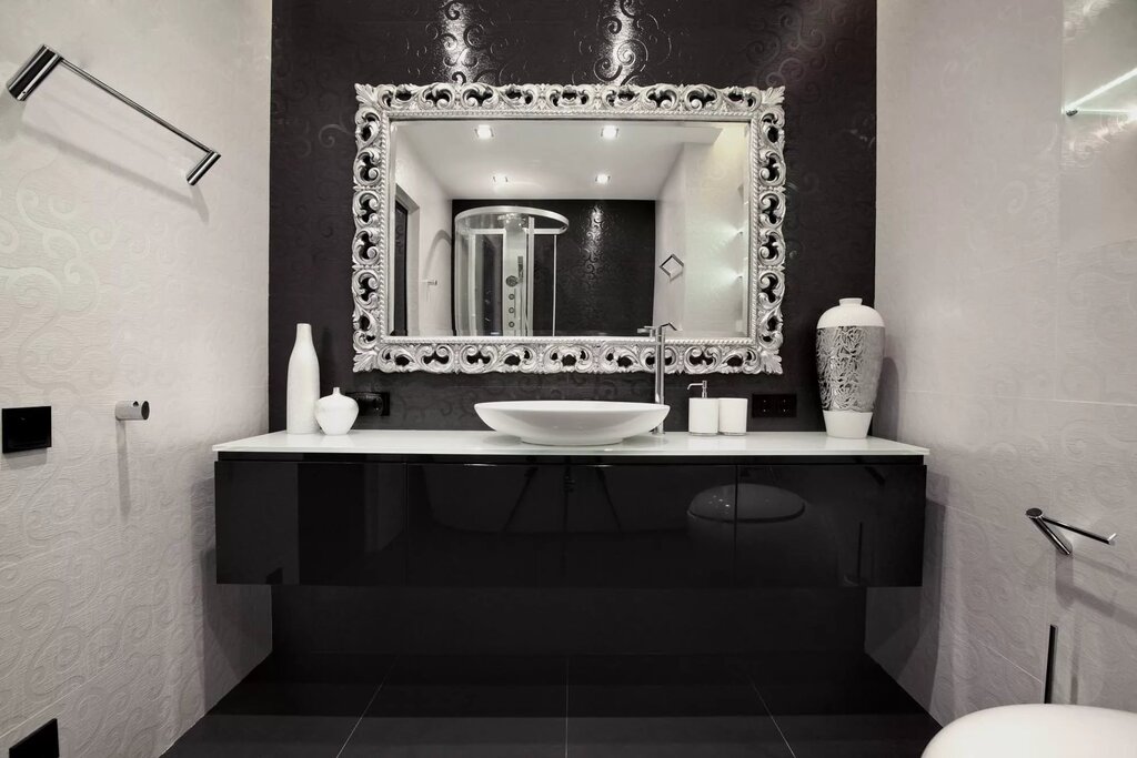 The bathroom in black and white tones