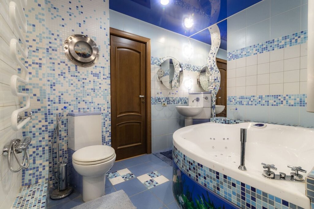 The bathroom is in blue