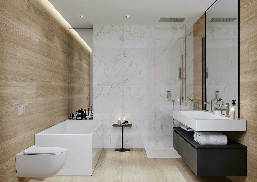 Marble and wood bathroom tiles