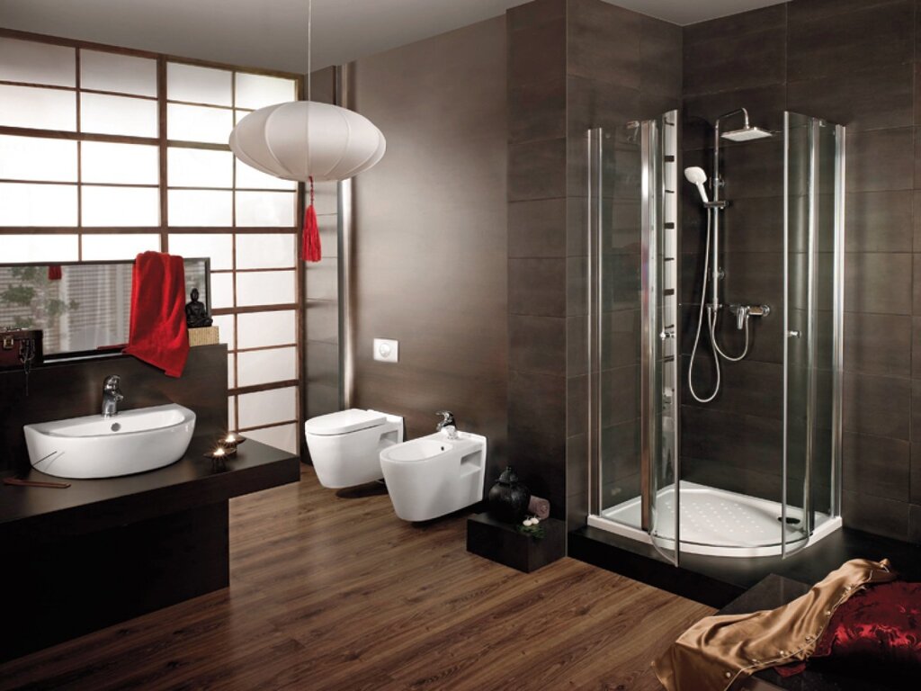 A bathroom with a black shower cabin