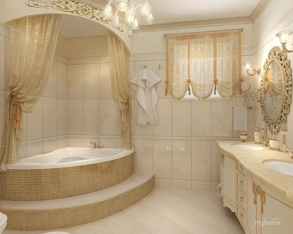 Bathroom with a corner bathtub