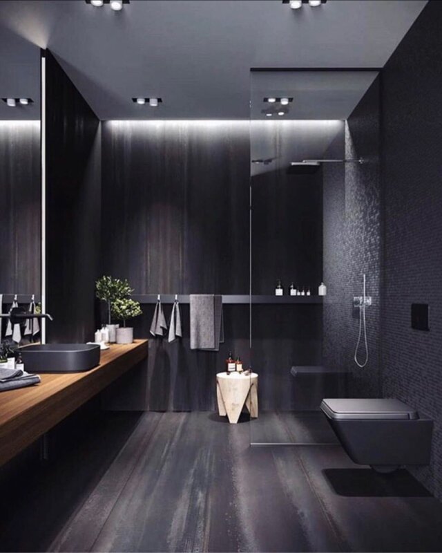 A bathroom in black tones