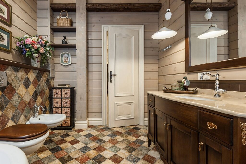 A bathroom in a rustic style