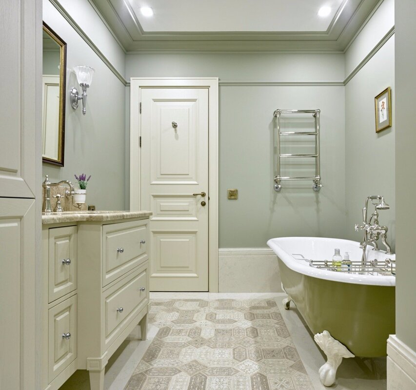 A bathroom in olive tones