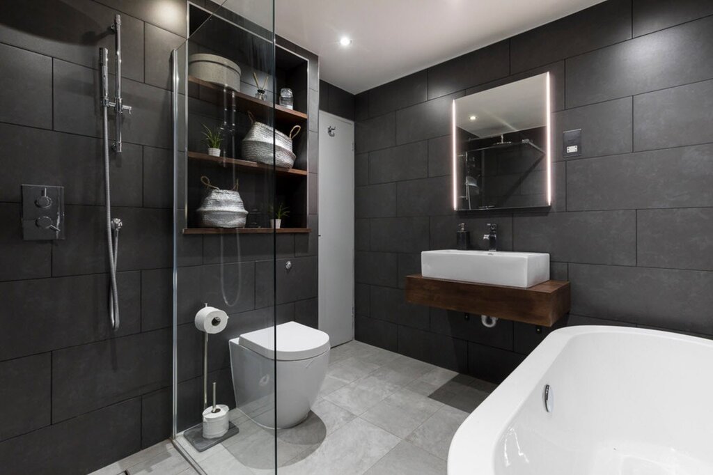 A bathroom in gray tones